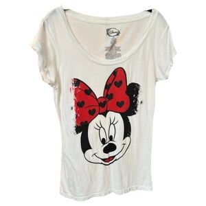 Disney Minnie Mouse White Tee with Red Bow and Black Glitter Details - L